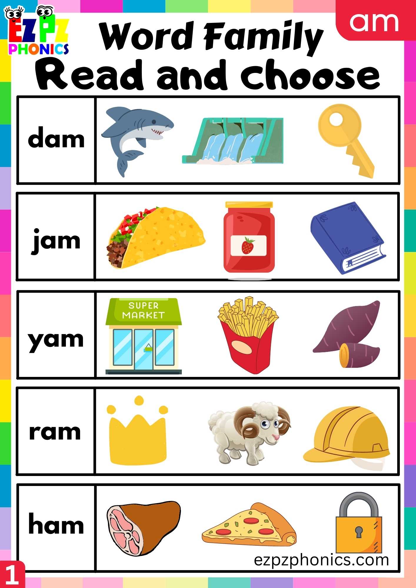 AM Words Read And Choose Phonics Word Families Worksheet